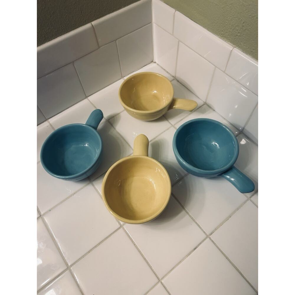 4 Pc Vintage '70s Heinz McCoy Soup Pottery Bowls w/Handles Yellow And Turquoise
